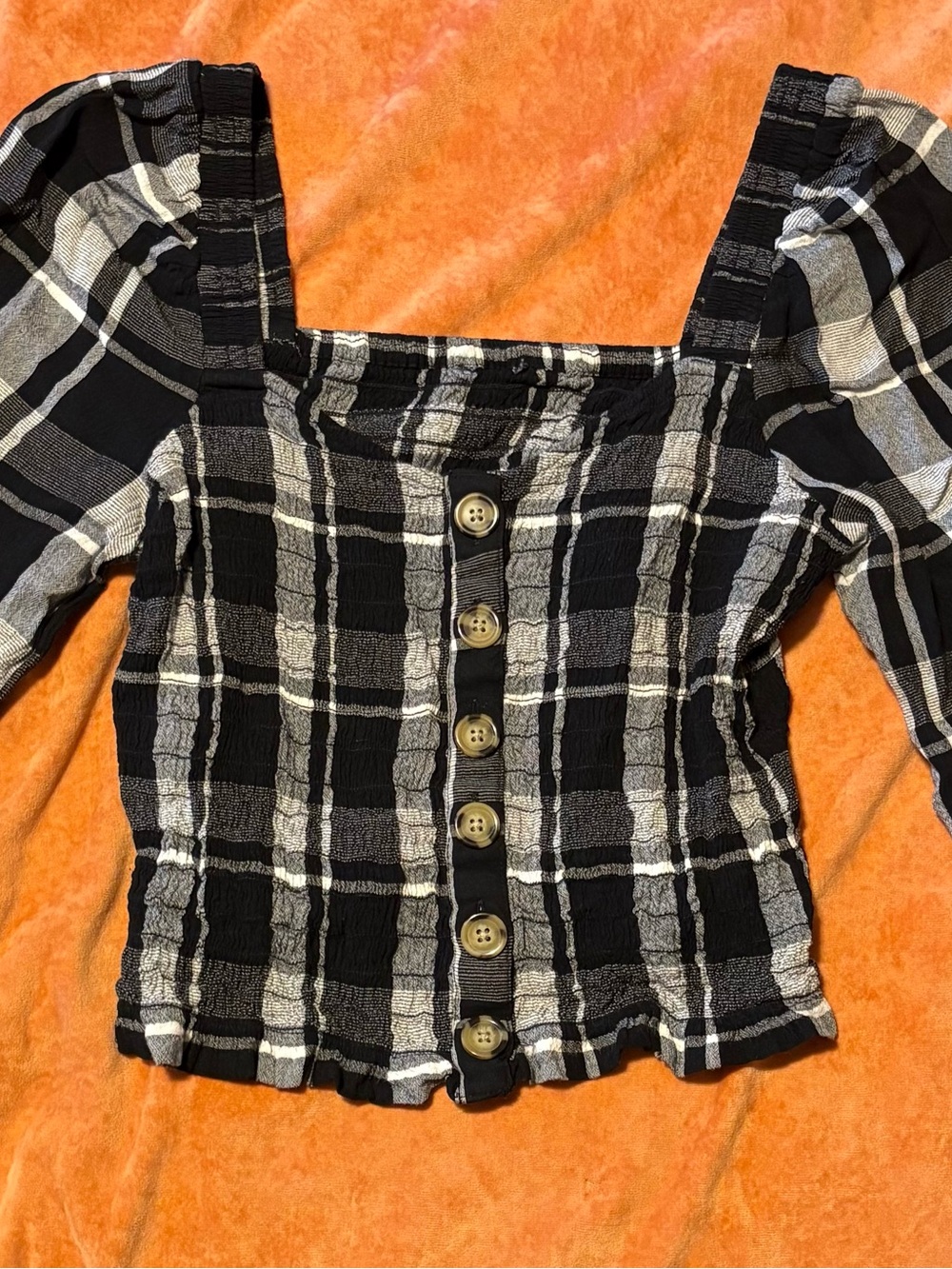 American Eagle Outfitters Black & White Plaid Faux Button-Front Top